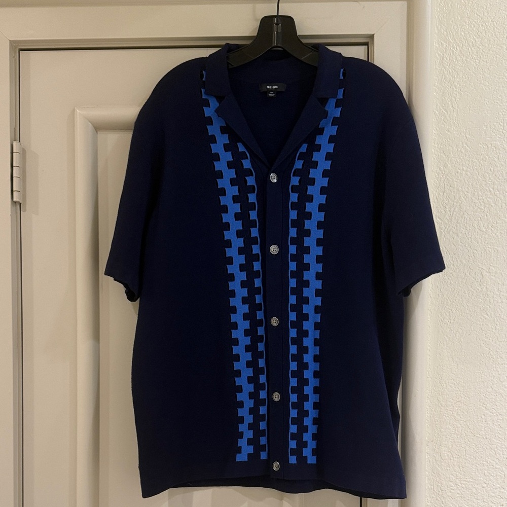 Reiss Navy Blue Short Sleeve Button-Up Shirt, Size XL